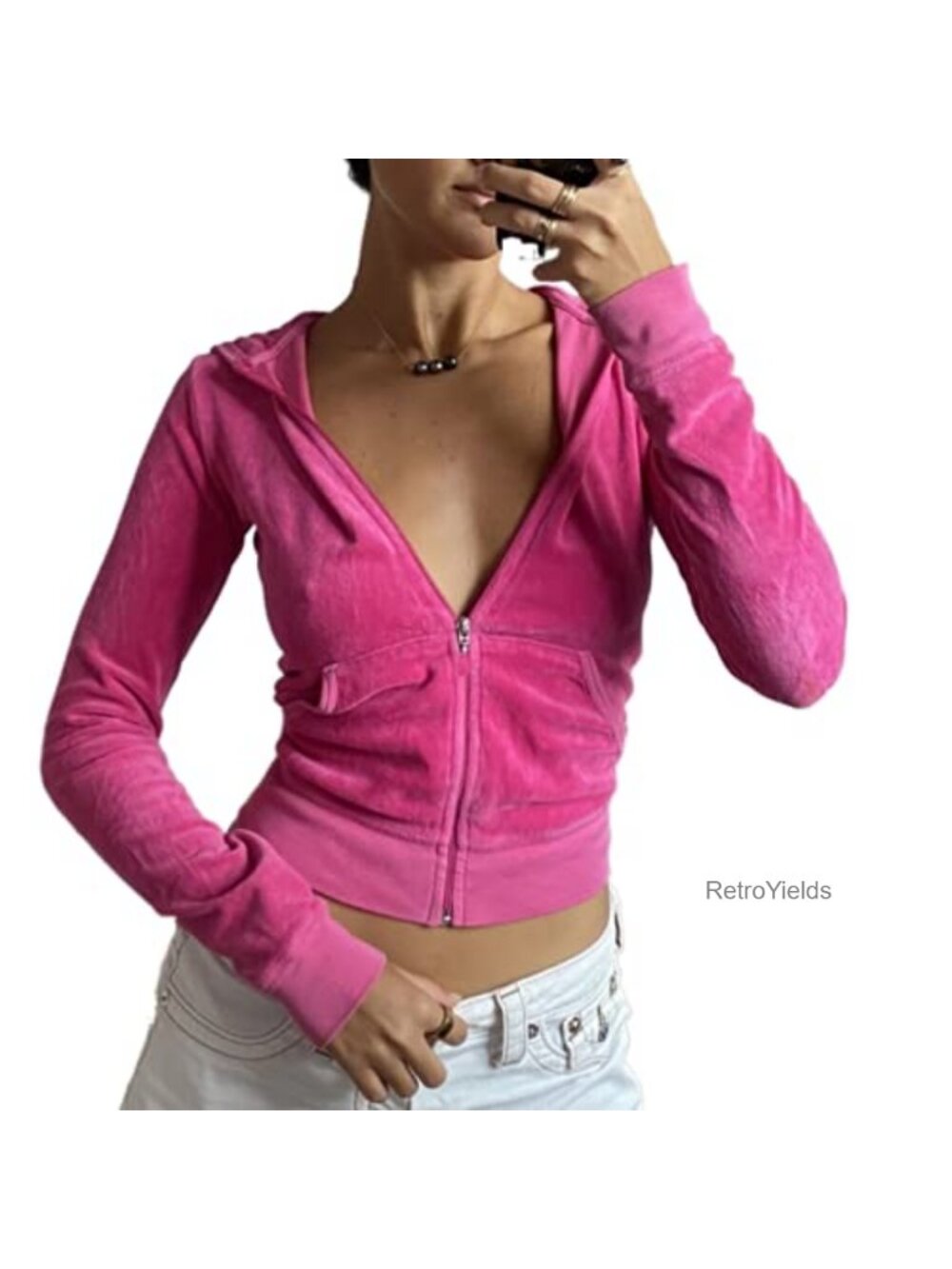 Women's Vintage Velvet Crop Zip Up Hoodie Sweatshirt Y2K Slim Fit Jacket Pockets